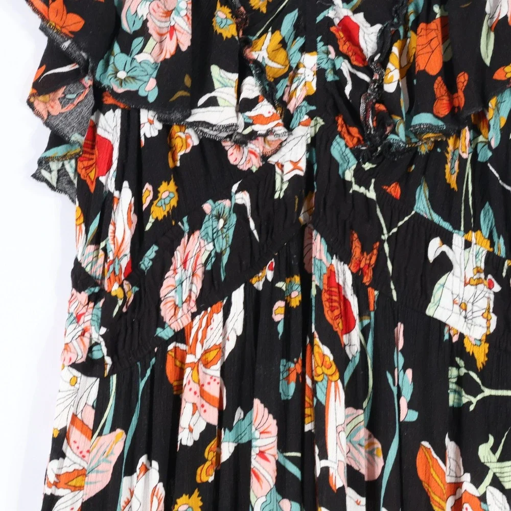 Bohme Floral Maxi Dress Womens XL Black Flutter Sleeve Smocked Waist Boho Flowy